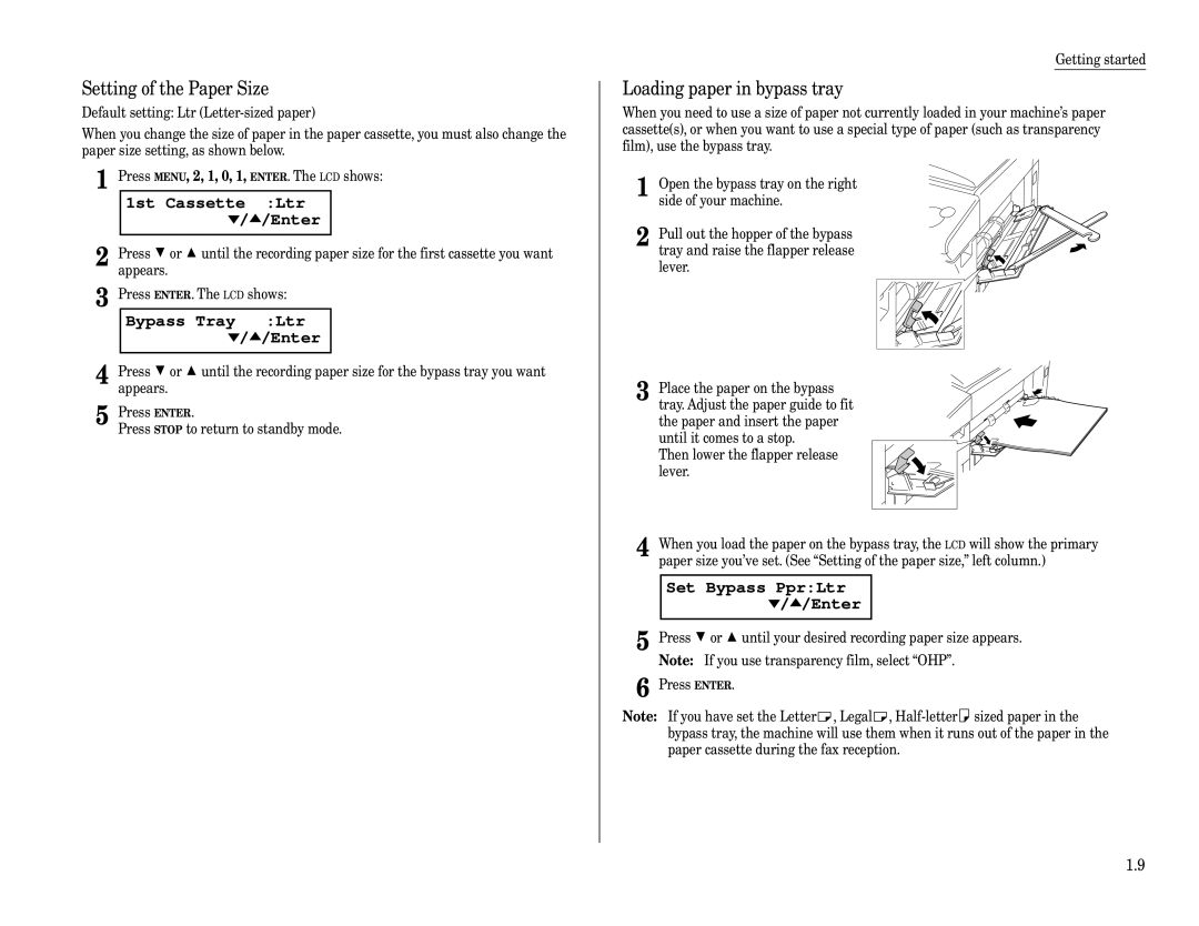 Muratec F-320 manual Setting of the Paper Size, 1st Cassette Ltr $/ #/Enter, Bypass Tray Ltr $/ #/Enter 