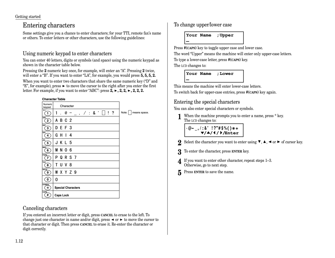 Muratec F-320 manual Entering characters, Your Name Upper, Your Name Lower, $/ #/ !/ /Enter 