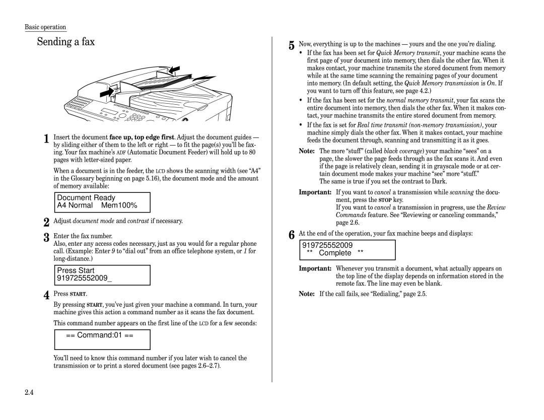 Muratec F-320 manual Sending a fax, Document Ready A4 Normal Mem100%, Press Start, == Command01 ==, Complete 