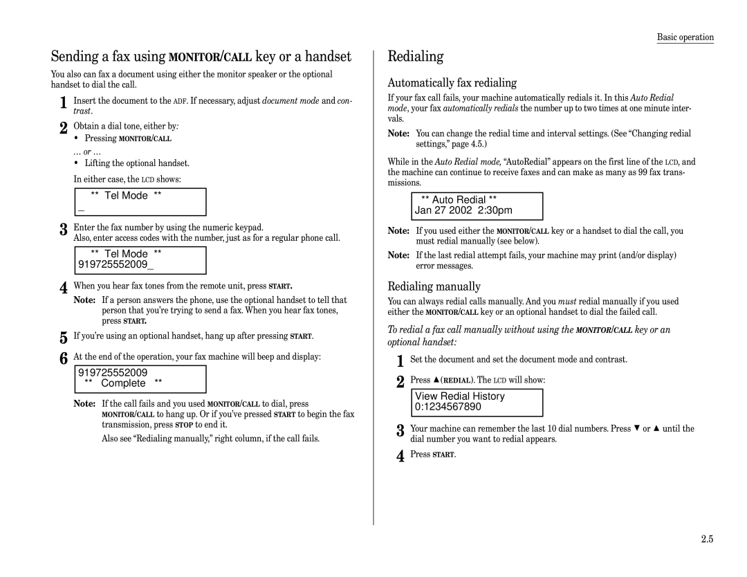 Muratec F-320 manual Sending a fax using MONITOR/CALL key or a handset, Redialing, Tel Mode, Auto Redial Jan 27 2002 230pm 