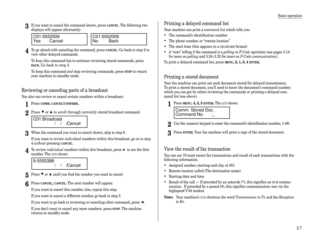 Muratec F-320 manual C015552009 Yes → Cancel Back, C01Broadcast $/ #/ /Cancel, 5550388 $/ #/ !/Cancel, Command No 