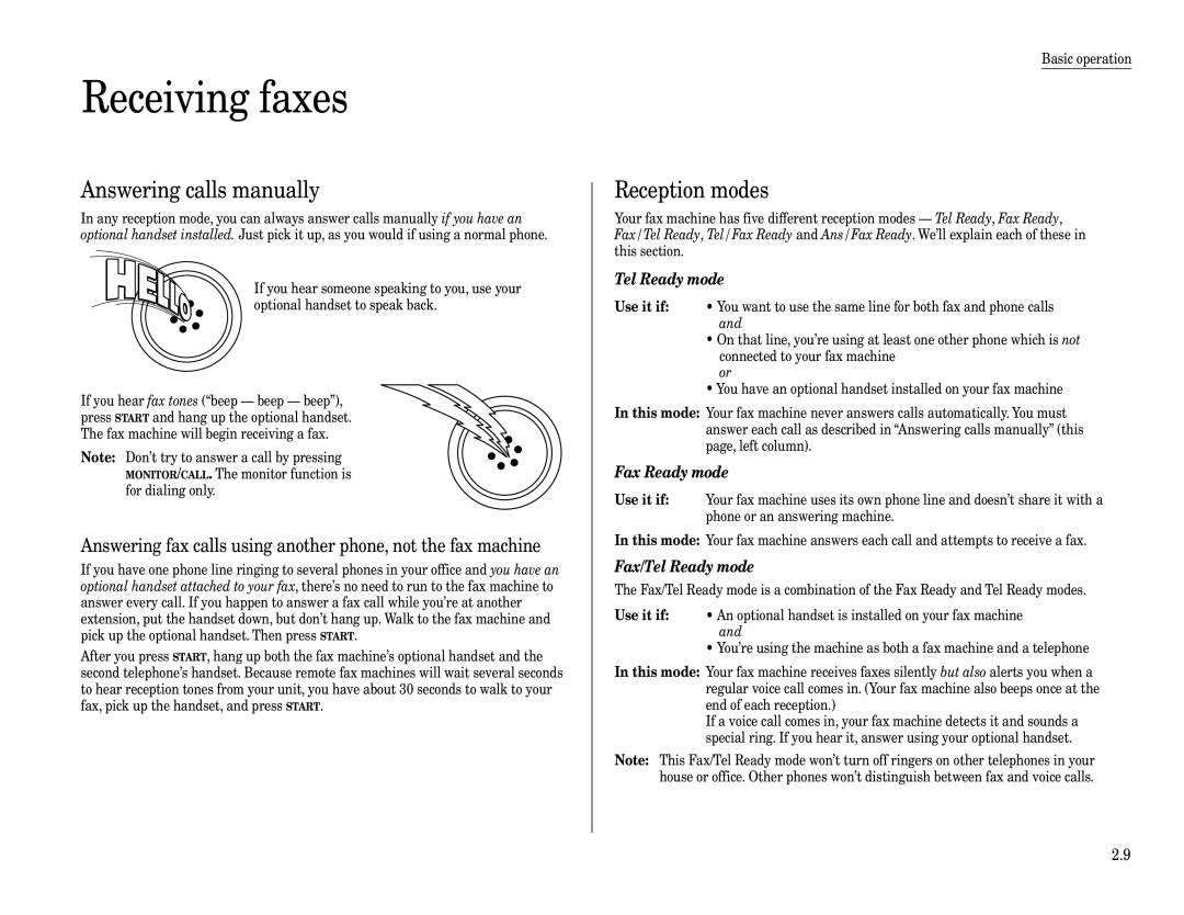 Muratec F-320 Receiving faxes, Answering calls manually, Reception modes, Use it if 