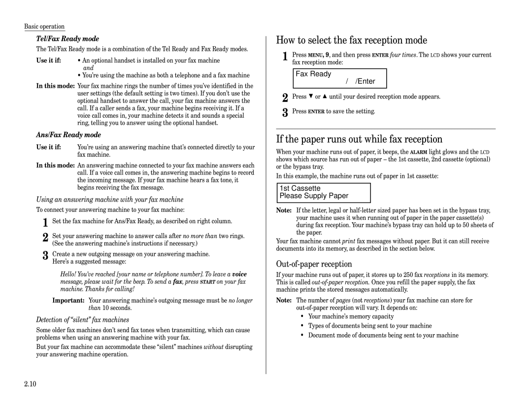 Muratec F-320 How to select the fax reception mode, If the paper runs out while fax reception, Out-of-paper reception 