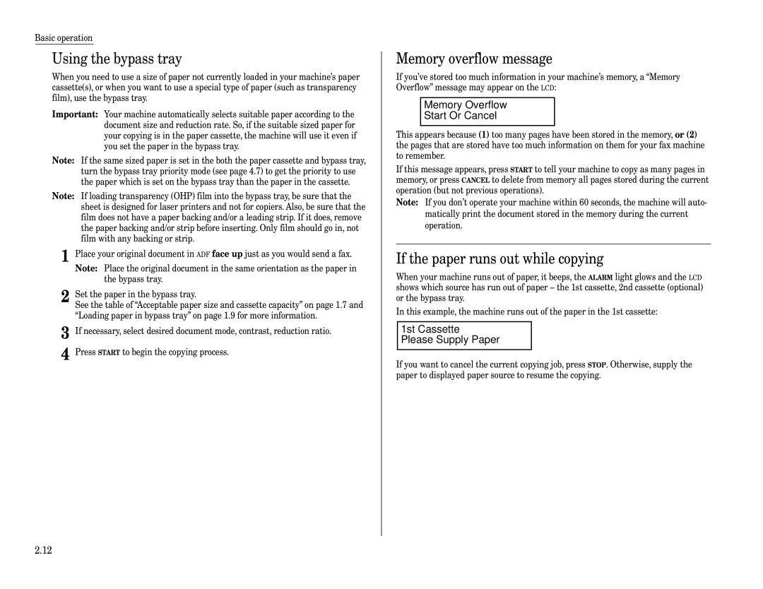 Muratec F-320 manual Using the bypass tray, If the paper runs out while copying 