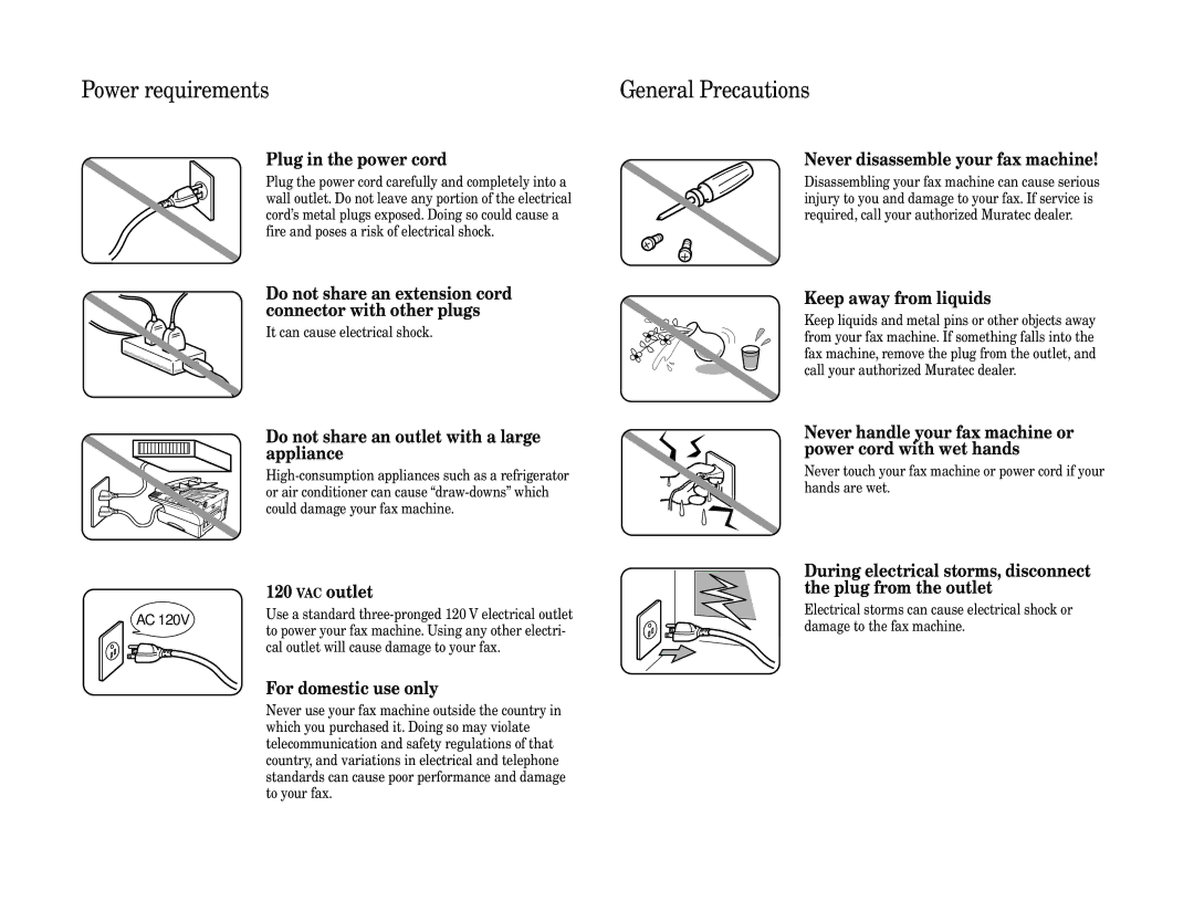 Muratec F-320 manual Power requirements General Precautions, Plug in the power cord 