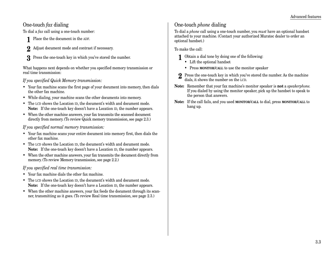 Muratec F-320 manual One-touch fax dialing, One-touch phone dialing, If you specified Quick Memory transmission 