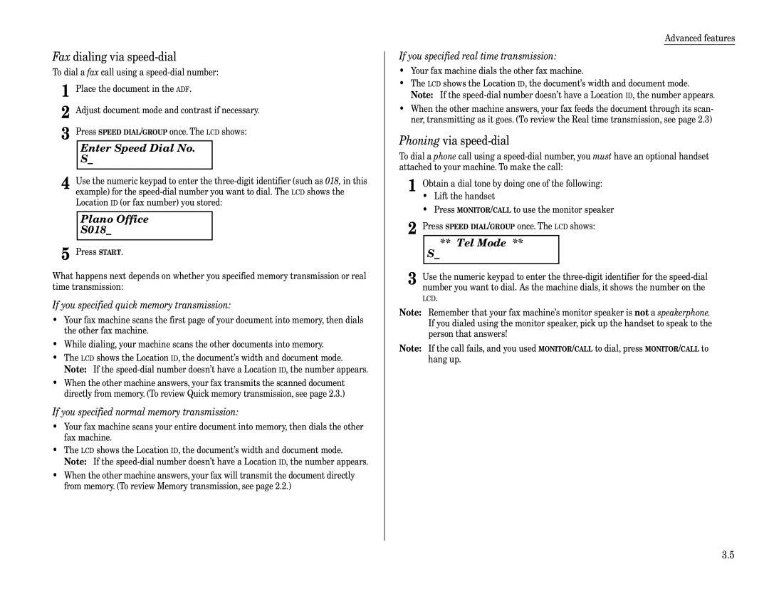 Muratec F-320 manual Fax dialing via speed-dial, Plano Office S018, Phoning via speed-dial 