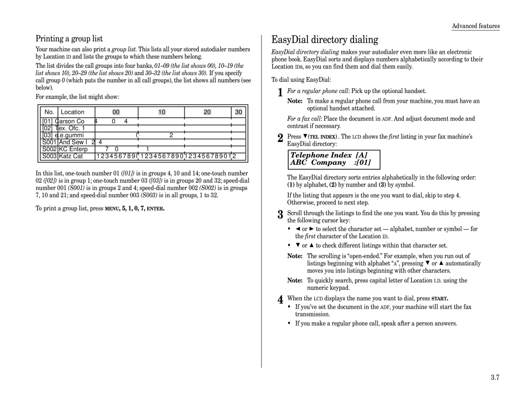 Muratec F-320 manual EasyDial directory dialing, Printing a group list, ABC Company 