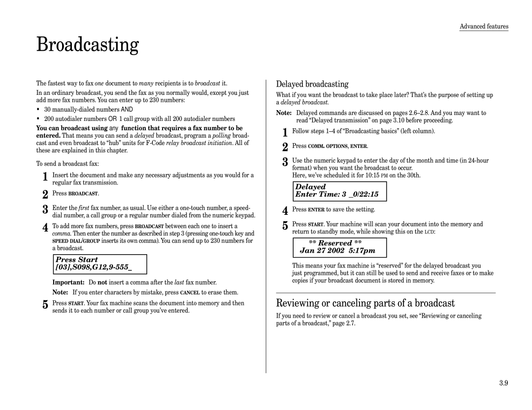 Muratec F-320 manual Broadcasting, Reviewing or canceling parts of a broadcast, Press Start 03,S098,G12,9-555 