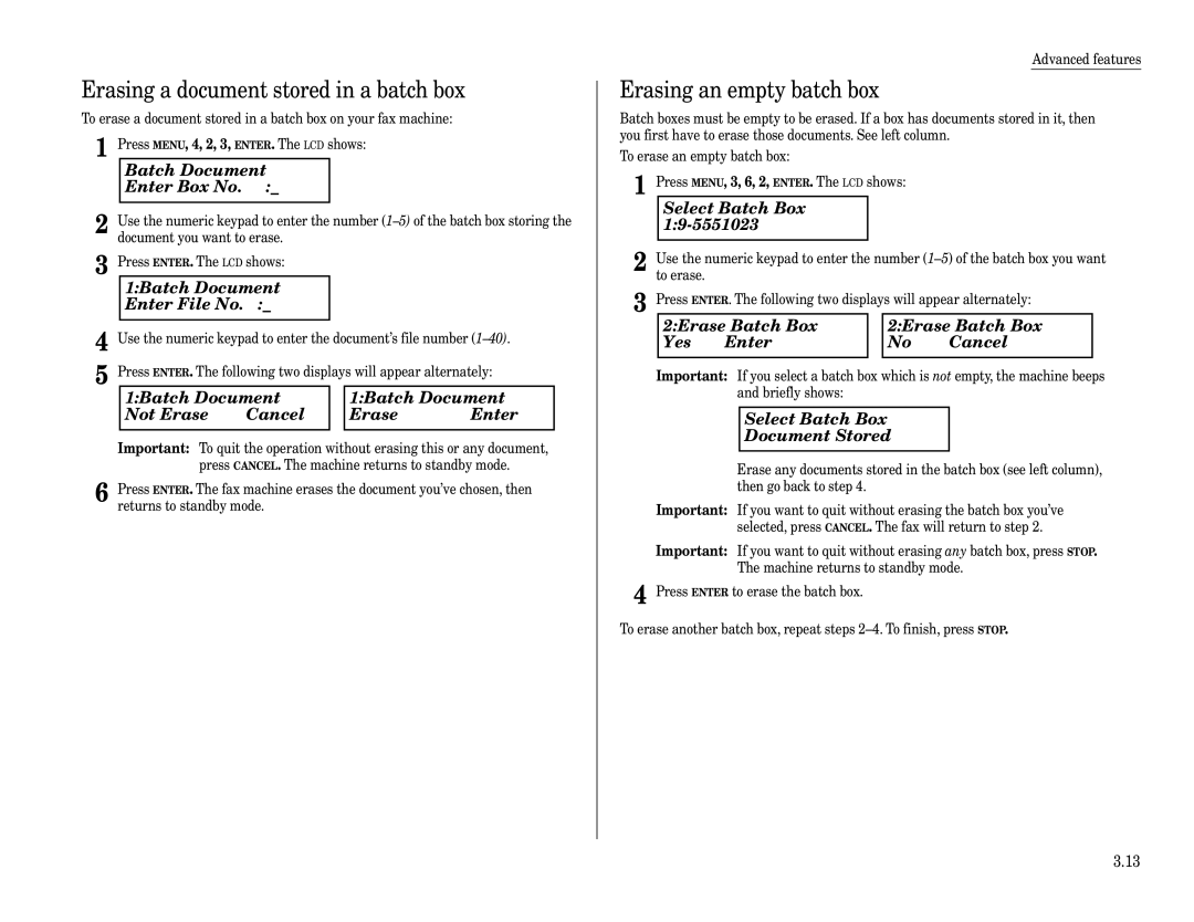Muratec F-320 manual Erasing a document stored in a batch box, Erasing an empty batch box 