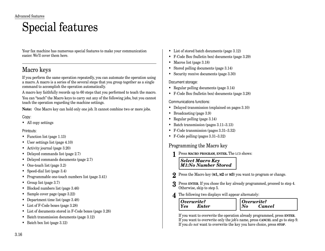 Muratec F-320 manual Special features, Macro keys, Programming the Macro key, Select Macro Key M1No Number Stored 