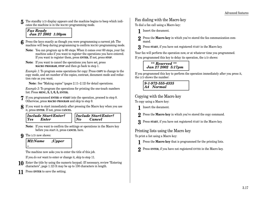 Muratec F-320 manual Fax Ready Jan 27 130pm, Include Start/Enter? Yes → Cancel, M2Name Upper 