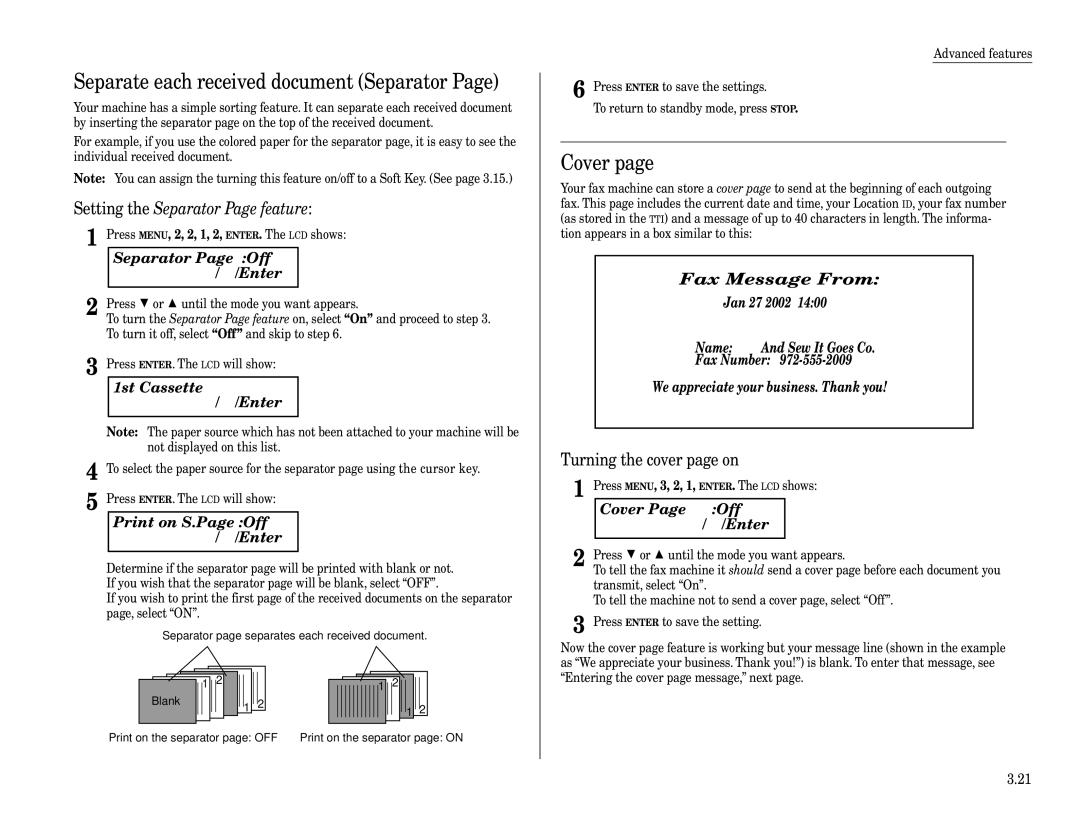 Muratec F-320 manual Separate each received document Separator, Cover, Separator Page Off $/#/Enter, 1st Cassette $/#/Enter 