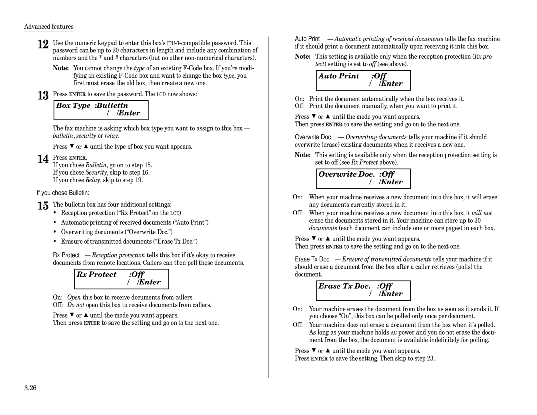 Muratec F-320 manual Box Type Bulletin $/ #/Enter, Overwrite Doc. Off $/#/Enter, Erase Tx Doc. Off $/#/Enter 