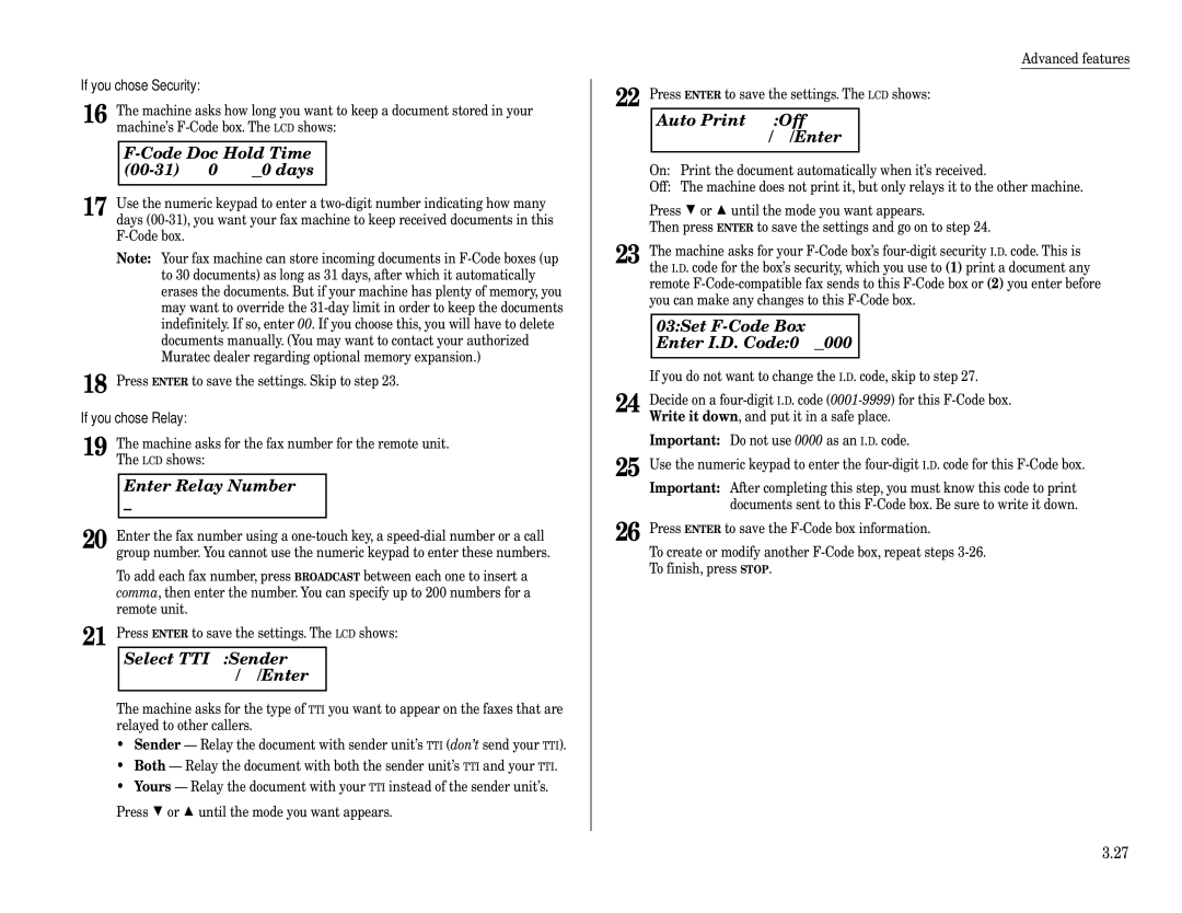 Muratec F-320 manual Code Doc Hold Time, Days, Enter Relay Number, Select TTI Sender $/#/Enter, Off $/#/Enter 