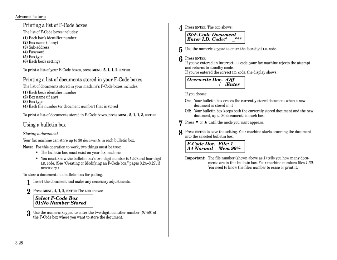 Muratec F-320 Select F-Code Box 01No Number Stored, 03F-Code Document Enter I.D. Code, Code Doc. File A4 Normal Mem 99% 