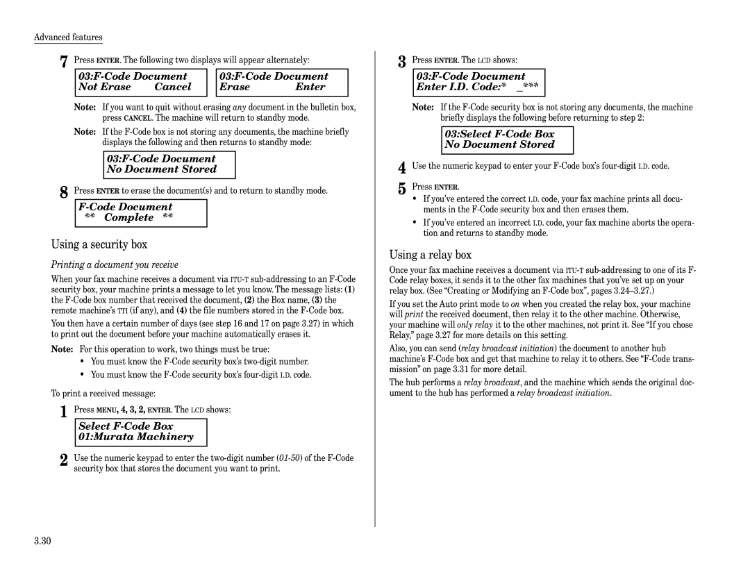 Muratec F-320 03F-Code Document Not Erase Cancel Enter No Document Stored, Code Document Complete, Using a security box 