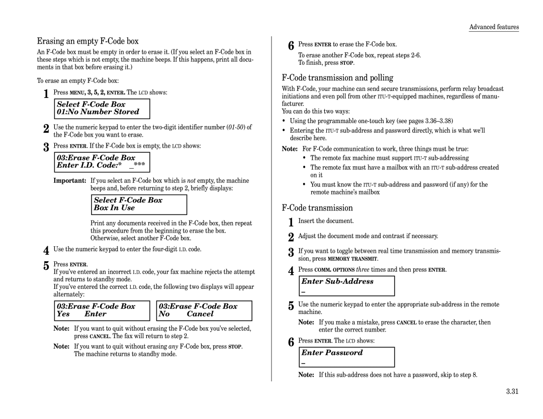 Muratec F-320 03Erase F-Code Box Enter I.D. Code, Select F-Code Box Box In Use, 03Erase F-Code Box Yes → Enter Cancel 