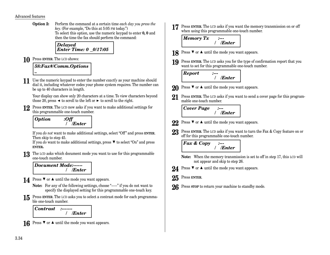 Muratec F-320 manual Delayed Enter Time 00/1705, Option Off $/#/Enter, Document Mode $/#/Enter, Contrast $/#/Enter 