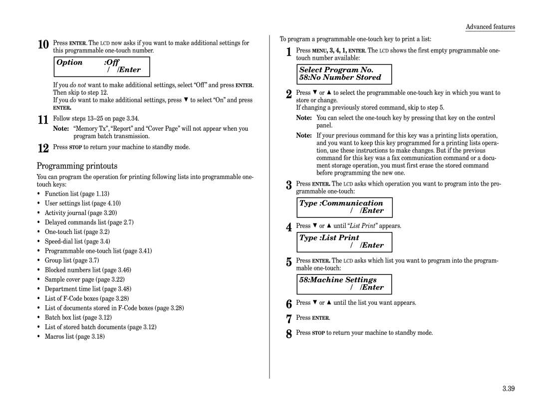 Muratec F-320 manual Programming printouts, Type List Print $/ #/Enter, 58Machine Settings $/ #/Enter 