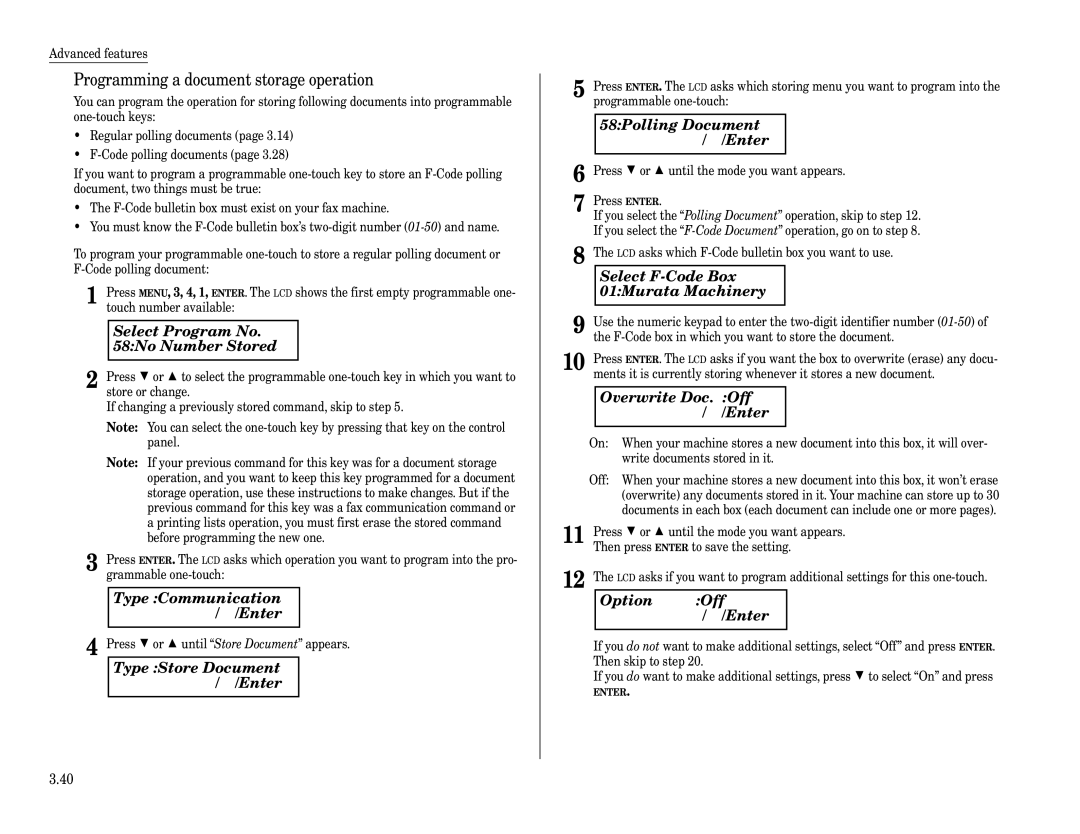 Muratec F-320 manual Programming a document storage operation, Type Store Document $/#/Enter, 58Polling Document $/#/Enter 