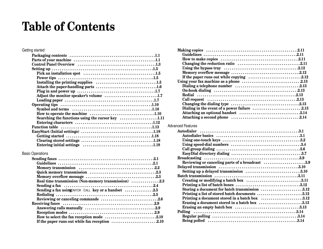 Muratec F-320 manual Table of Contents 