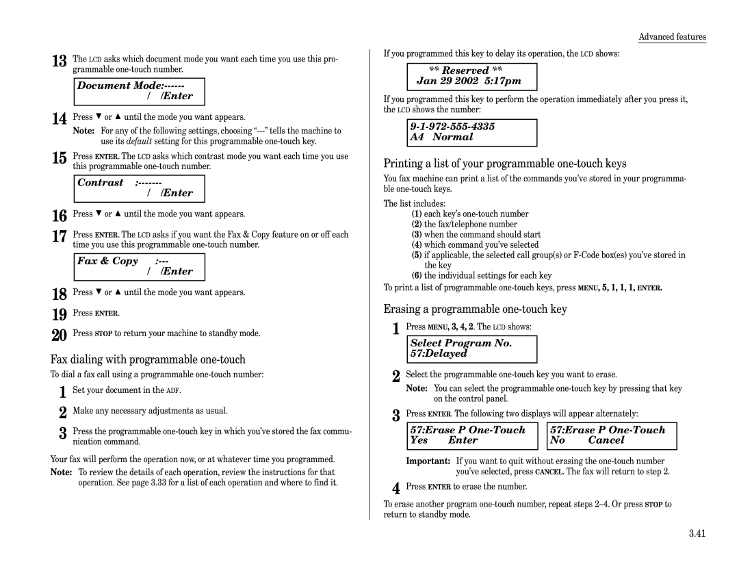 Muratec F-320 manual Contrast $/ #/Enter, Reserved ** Jan 29 2002 517pm, Select Program No Delayed 