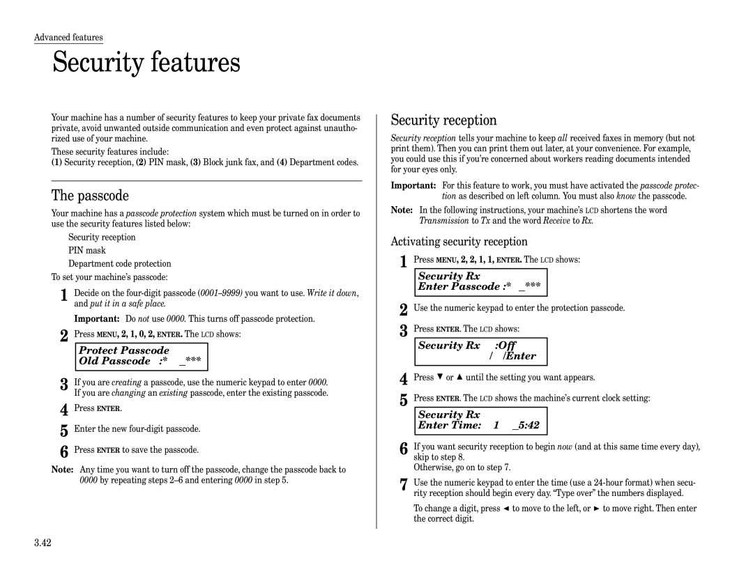 Muratec F-320 manual Security features, Passcode, Security reception 