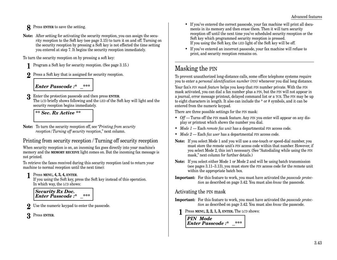 Muratec F-320 manual Masking the PIN, Sec. Rx Active, Security Rx Doc Enter Passcode, Activating the PIN mask 