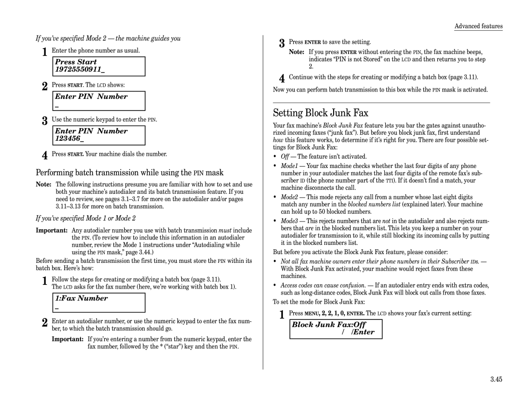 Muratec F-320 manual Setting Block Junk Fax, Performing batch transmission while using the PIN mask, 1Fax Number 