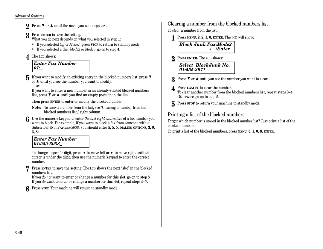 Muratec F-320 Enter Fax Number 01555-3038, Clearing a number from the blocked numbers list, Block Junk FaxMode2 $/ #/Enter 