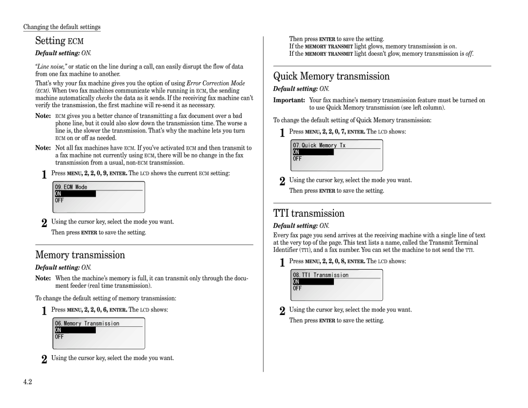 Muratec F-360 manual Setting ECM, TTI transmission, Default setting on 