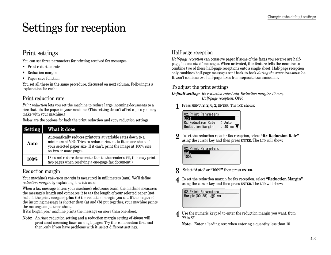 Muratec F-360 manual Settings for reception, Print settings 