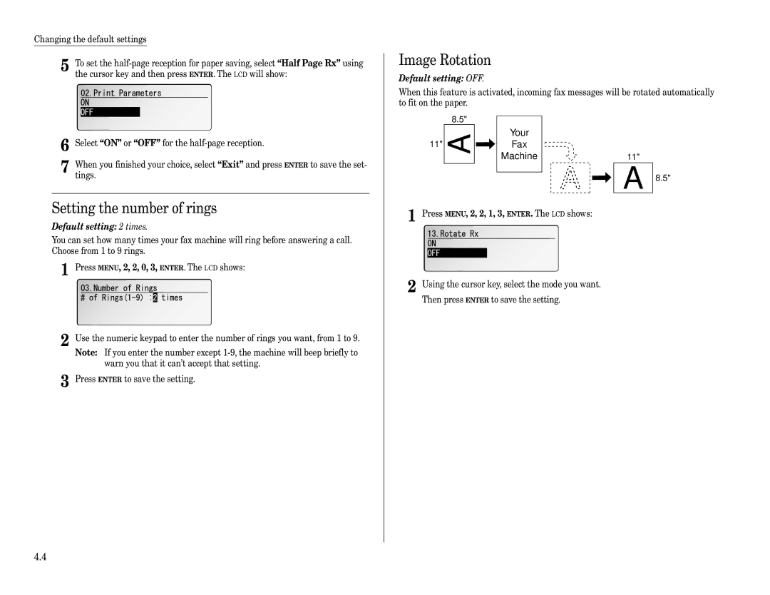 Muratec F-360 manual Setting the number of rings, Image Rotation, Default setting 2 times, Default setting OFF 