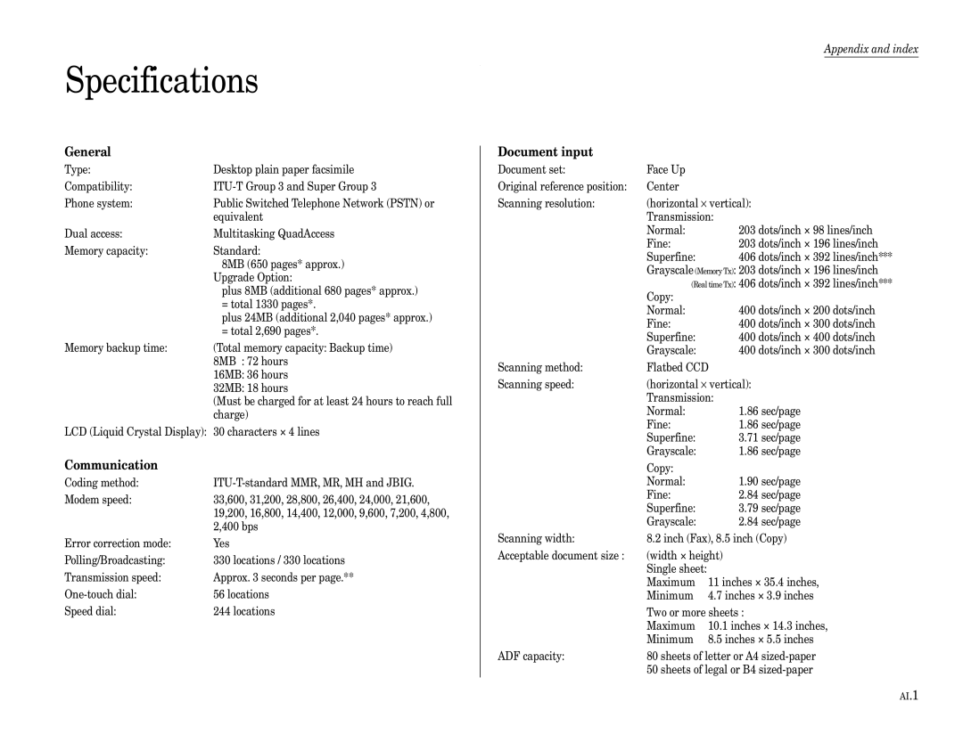 Muratec F-360 manual Specifications, Appendix and index 