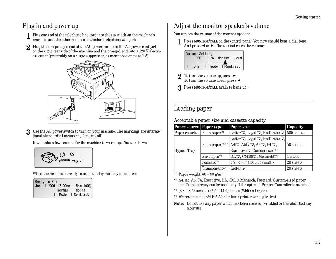 Muratec F-360 manual Plug in and power up, Adjust the monitor speaker’s volume, Loading paper 