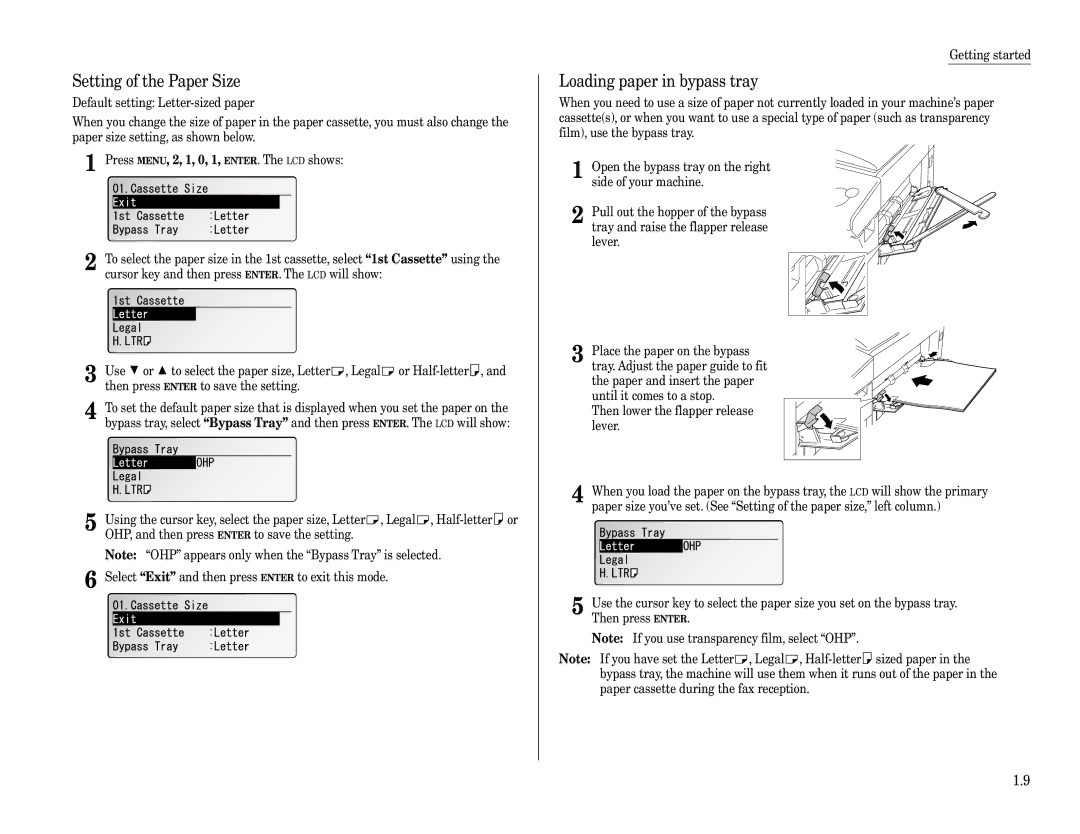 Muratec F-360 manual Setting of the Paper Size, Loading paper in bypass tray 