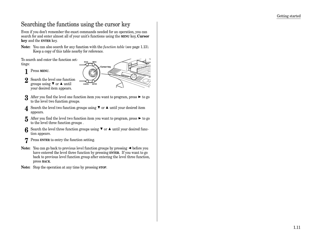 Muratec F-360 manual Cancel Enter, Searching the functions using the cursor key 