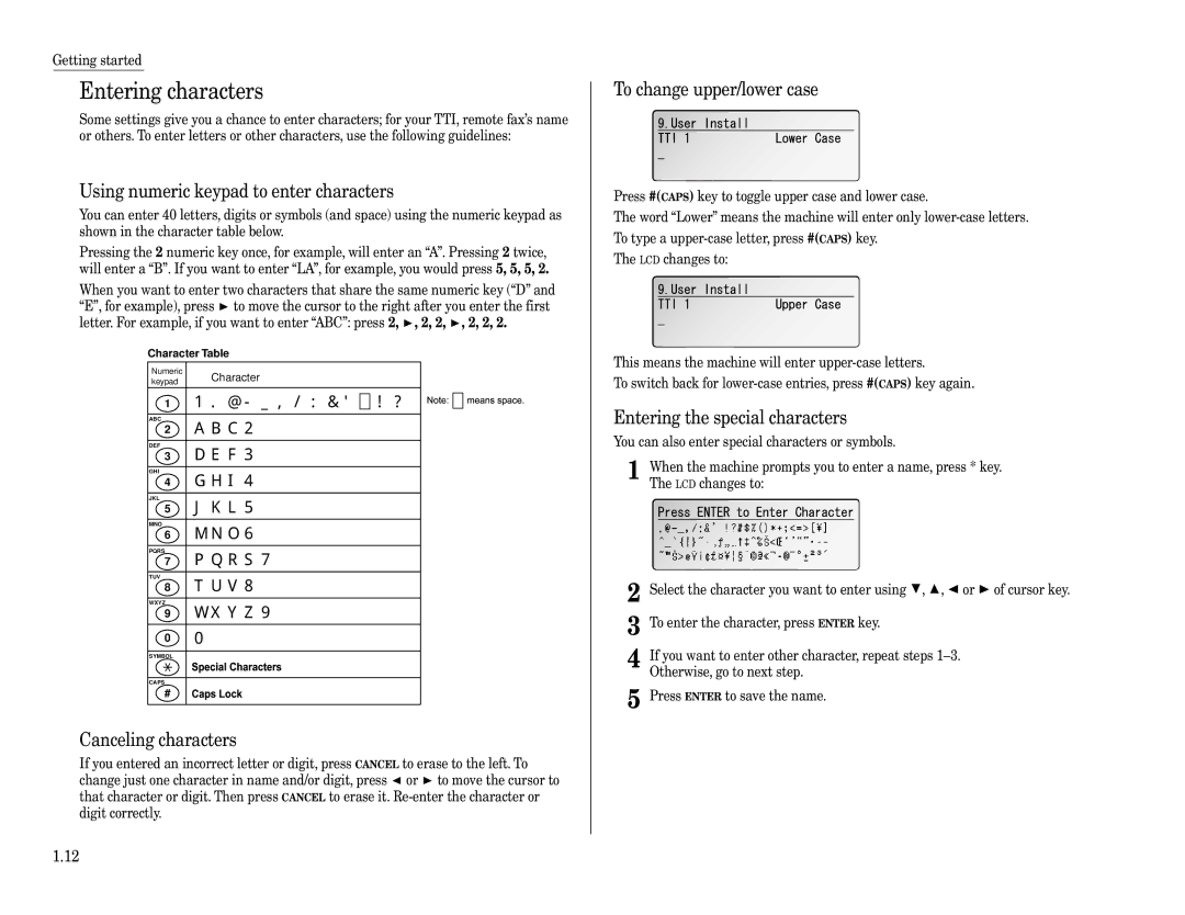 Muratec F-360 manual Entering characters, Using numeric keypad to enter characters, Canceling characters 