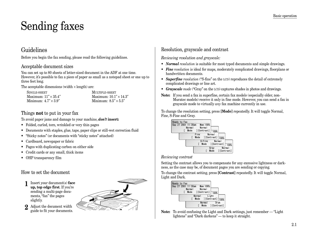 Muratec F-360 manual Sending faxes, Guidelines 