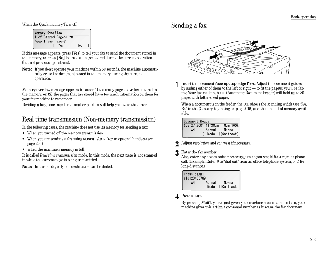 Muratec F-360 manual Real time transmission Non-memory transmission, Sending a fax 