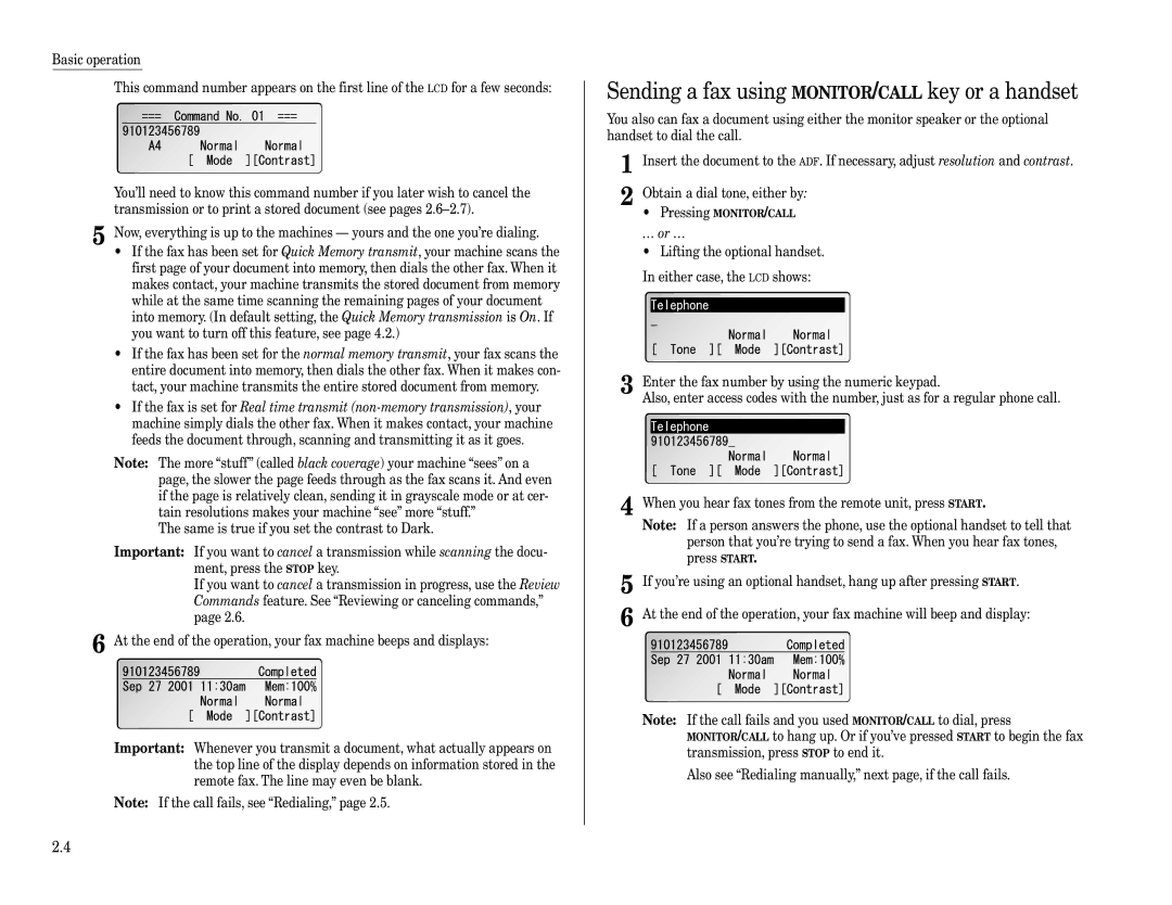 Muratec F-360 manual Sending a fax using MONITOR/CALL key or a handset, … or … 