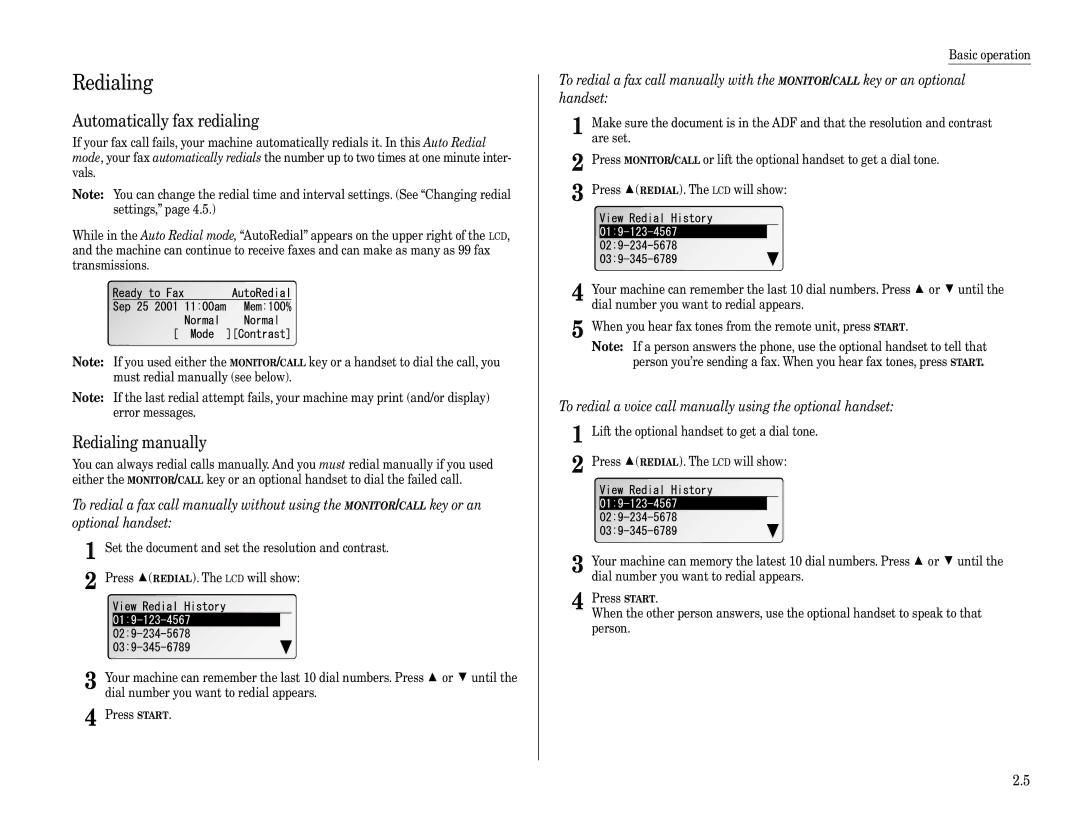 Muratec F-360 Automatically fax redialing, Redialing manually 