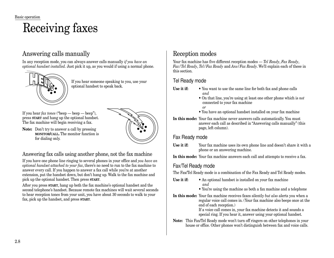 Muratec F-360 Receiving faxes, Answering calls manually, Reception modes, Use it if 