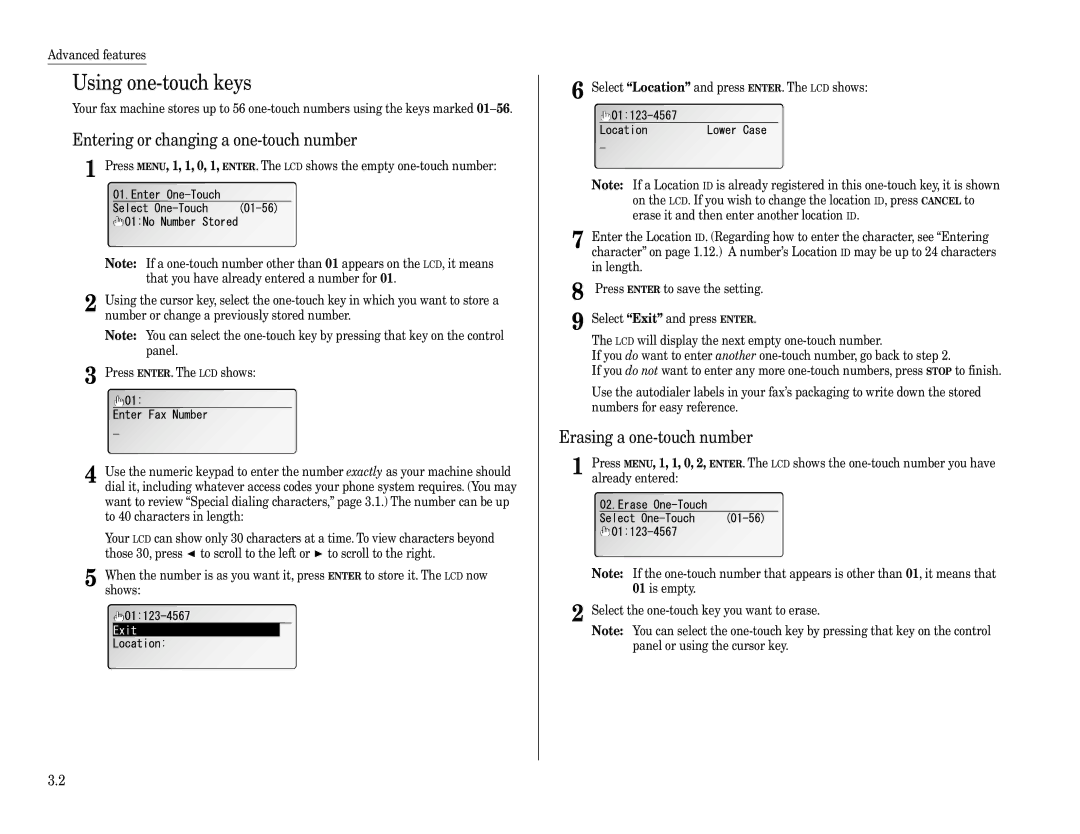 Muratec F-360 manual Using one-touch keys, Entering or changing a one-touch number, Erasing a one-touch number 