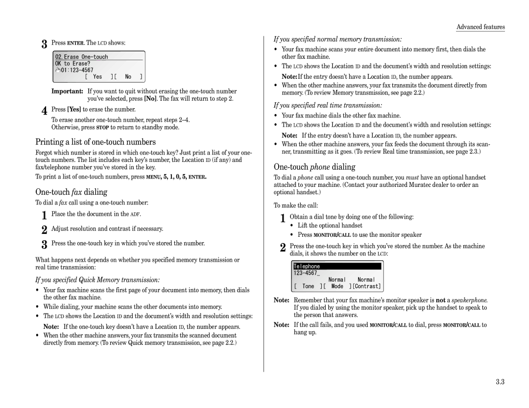 Muratec F-360 manual Printing a list of one-touch numbers, One-touch fax dialing, One-touch phone dialing 