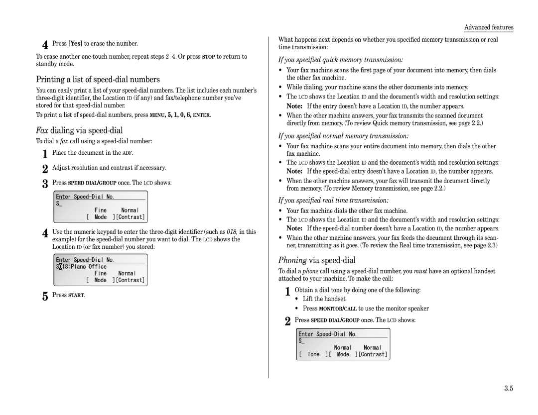 Muratec F-360 manual Printing a list of speed-dial numbers, Fax dialing via speed-dial, Phoning via speed-dial 