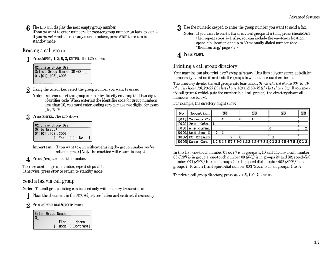 Muratec F-360 manual Erasing a call group, Send a fax via call group, Printing a call group directory 