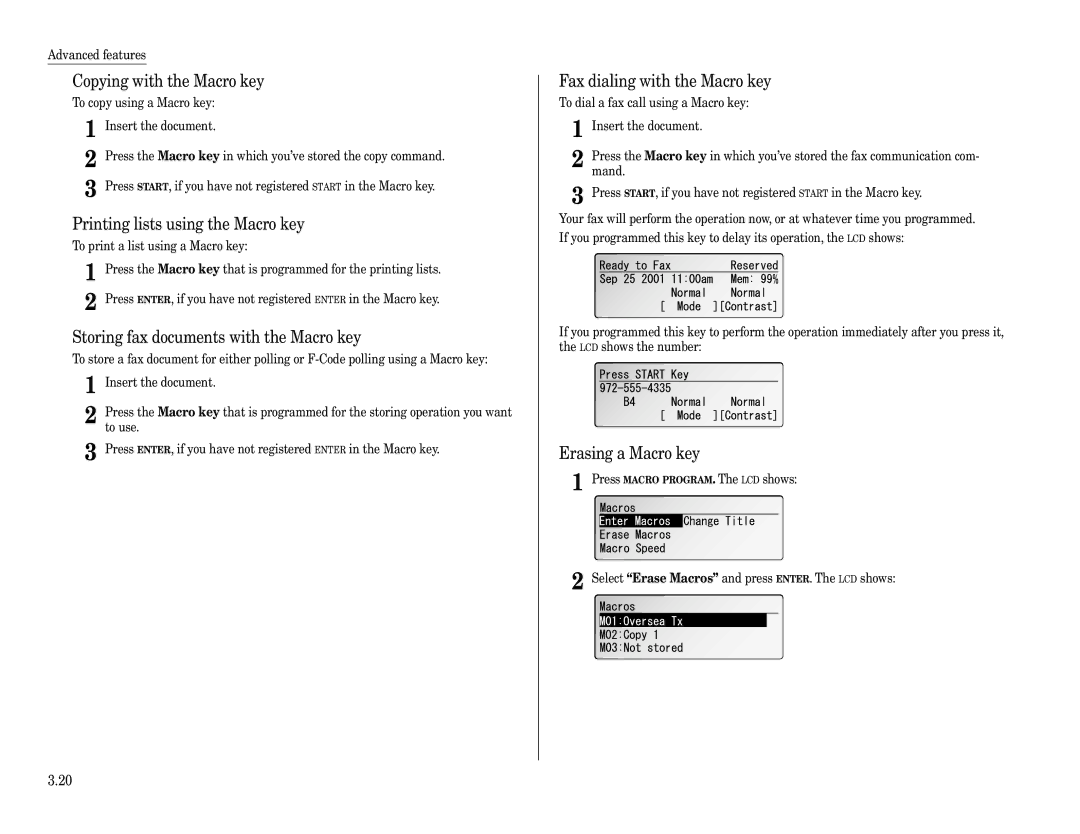 Muratec F-360 Copying with the Macro key, Printing lists using the Macro key, Storing fax documents with the Macro key 