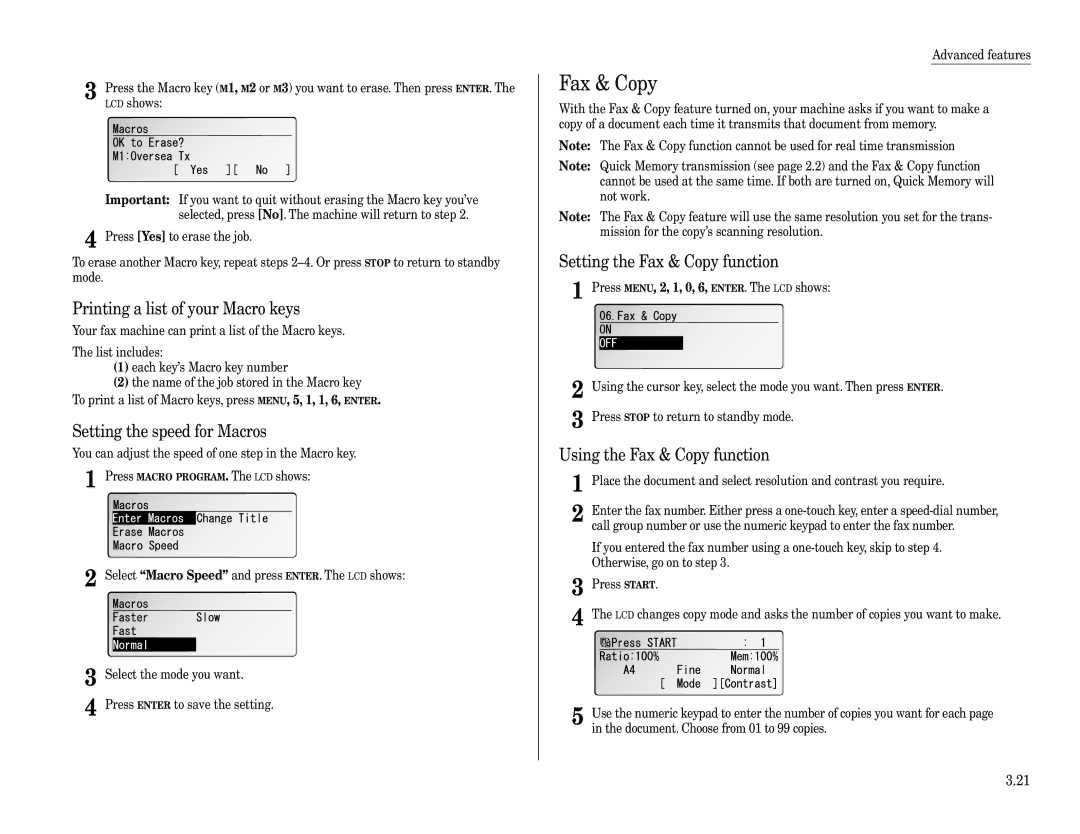 Muratec F-360 manual Printing a list of your Macro keys, Setting the speed for Macros, Using the Fax & Copy function 